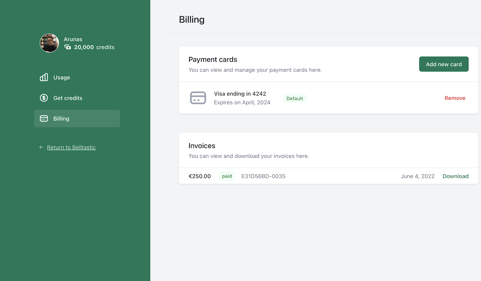 Customer billing page interface